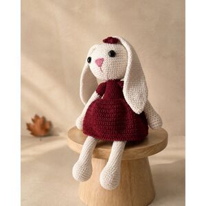Handmade Crochet Bunny Doll in Burgundy Dress